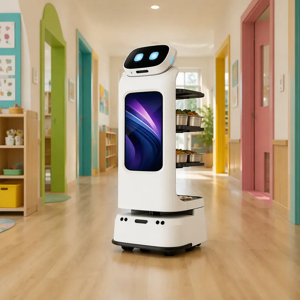 CADEBOT L100 autonomous delivery robot carrying lunch trays through a preschool corridor with low doorways and colorful classroom entrances, soft daylight