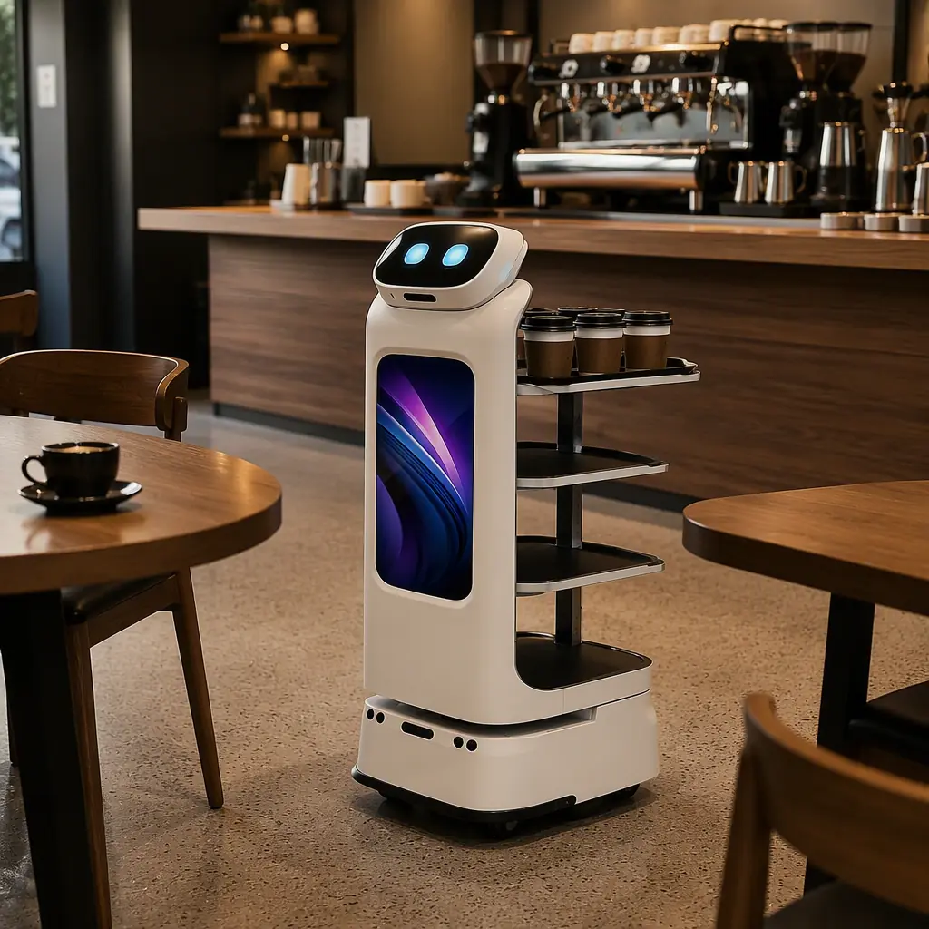 CADEBOT L100 delivery robot carrying a tray of coffee cups between café tables, warm interior lighting, bar counter in the background