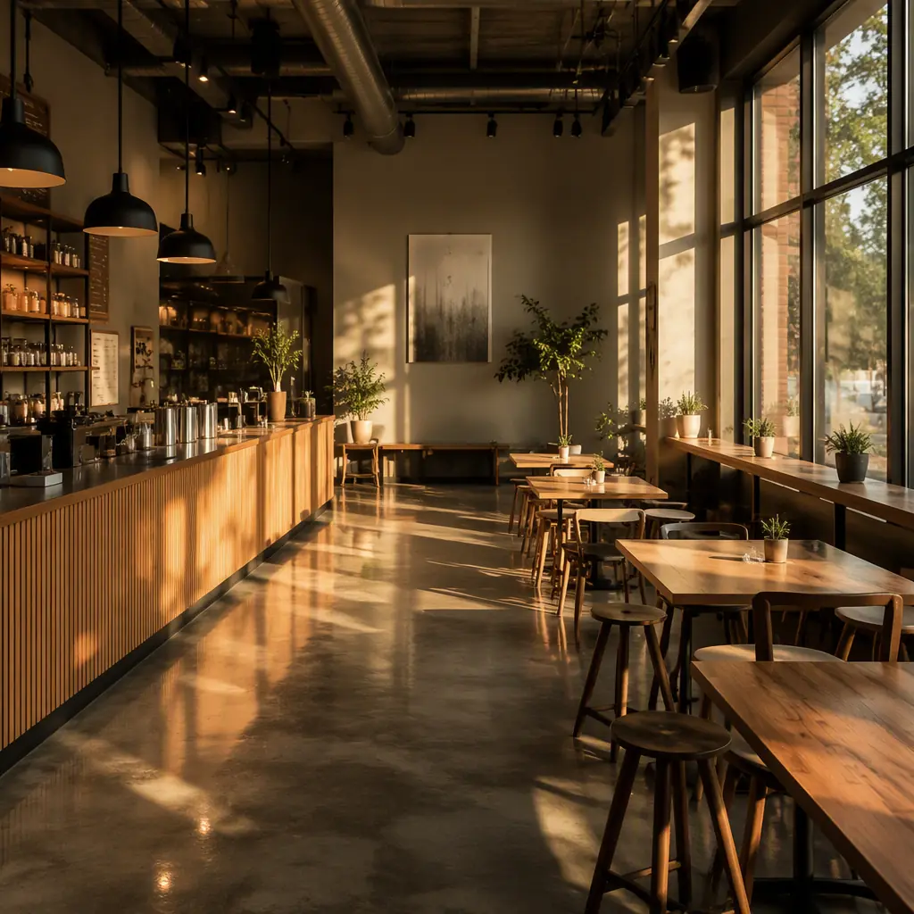 Abstract café interior at golden morning light, empty tables, polished concrete floor with soft reflections, warm minimalist design, no robots, no people