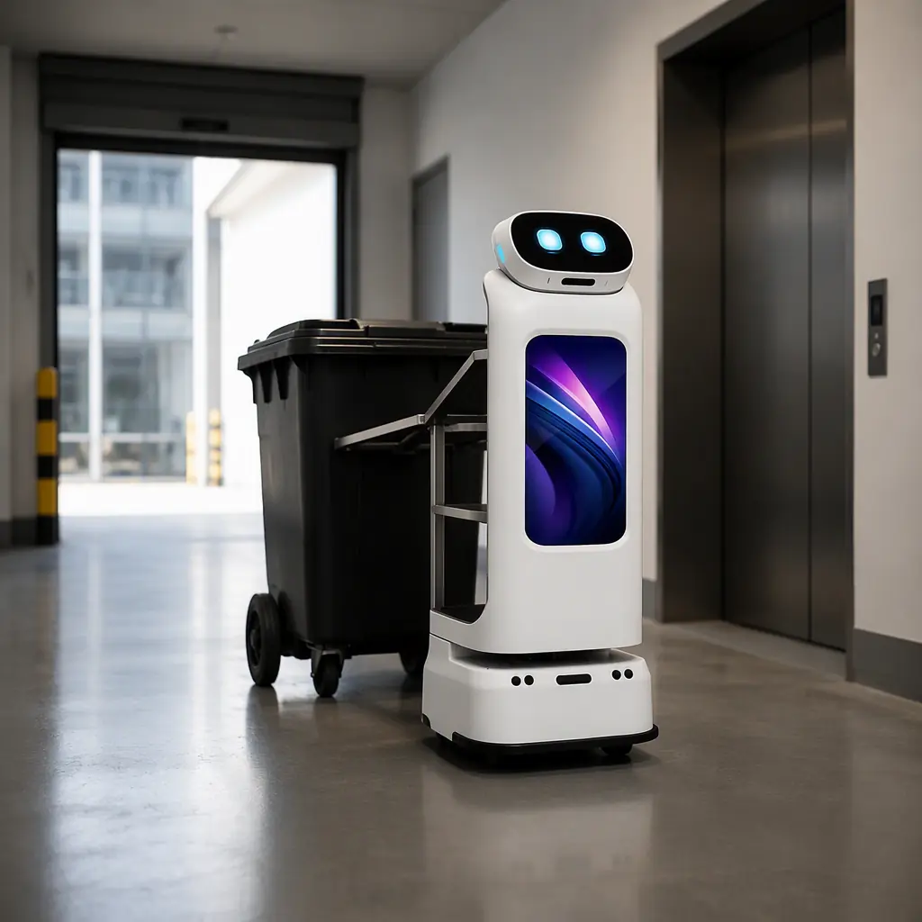 AOMAN D1 delivery robot moving a waste cart along a clean building service corridor