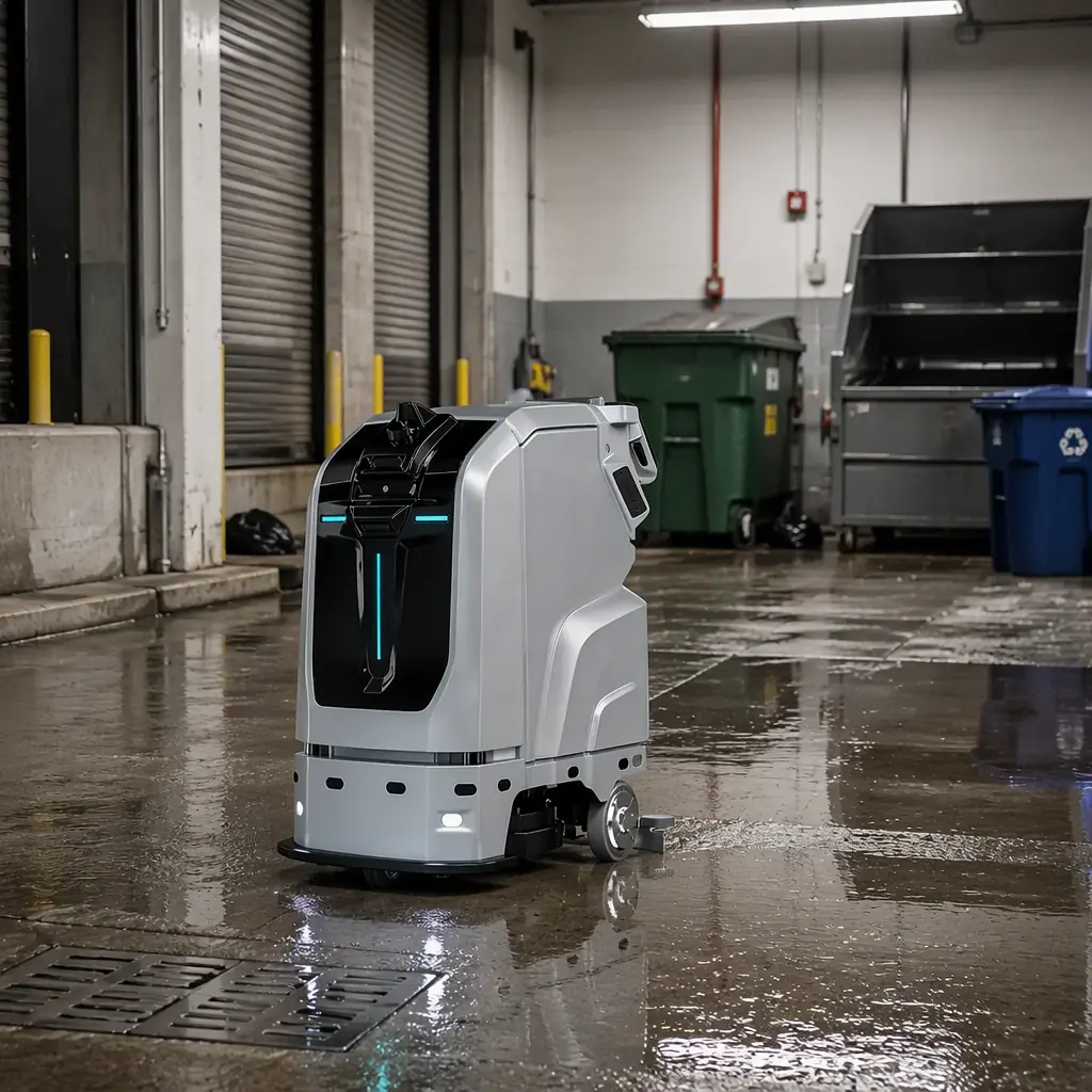 AOMAN C1 large-format scrubber cleaning the wet floor of a commercial loading dock