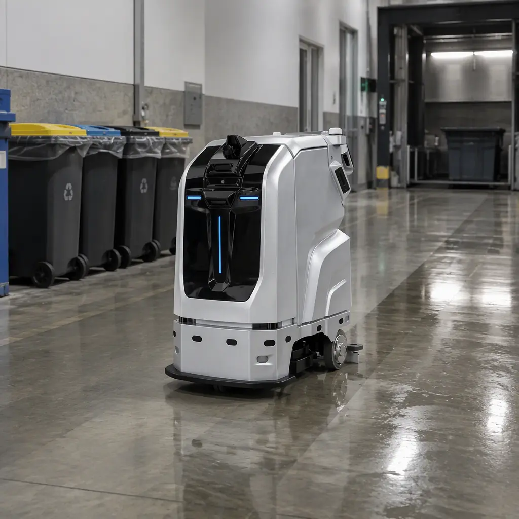 AOMAN C1 scrubber cleaning a building service corridor with waste bins and a compacting area
