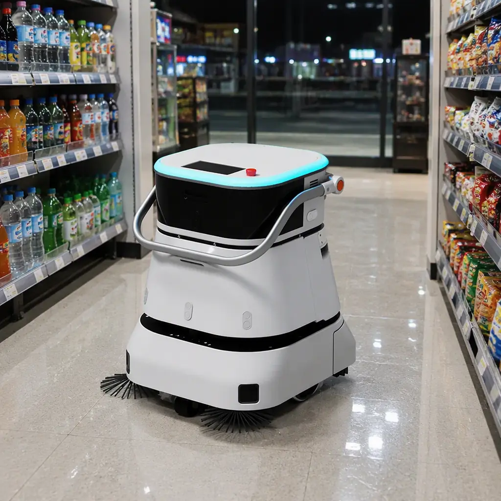 AOMAN C2 Pro compact scrubber cleaning the floor of a small convenience store aisle