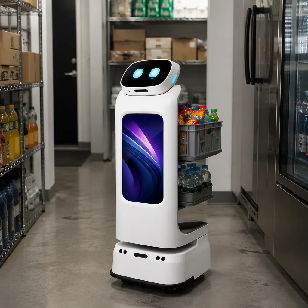 AOMAN D1 delivery robot moving a crate of stock through a convenience store back of house