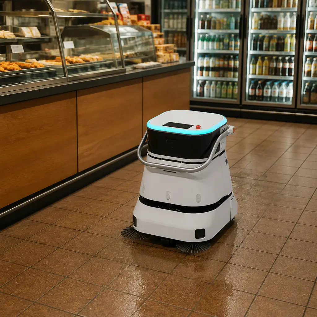 AOMAN C2 Pro scrubber cleaning a convenience store fresh and hot food floor area
