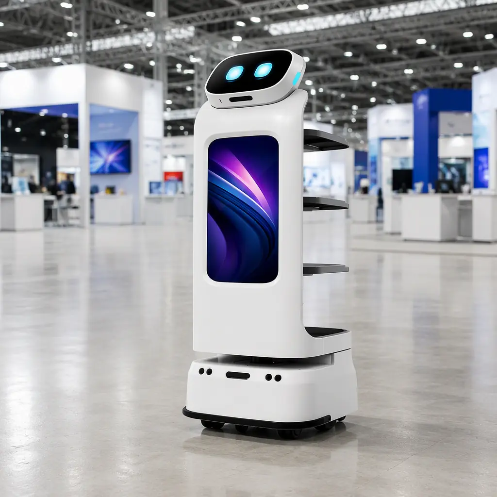 AOMAN G1 reception robot guiding visitors in a brightly lit convention center exhibition hall