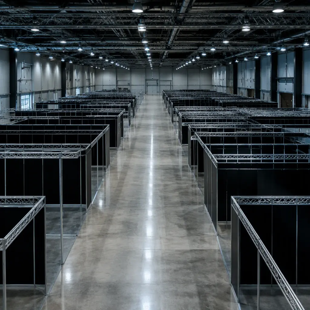 Sweeping elevated view of an empty exhibition hall with rows of unlit booth frames and polished concrete floor under industrial ceiling lighting, no people or robots visible