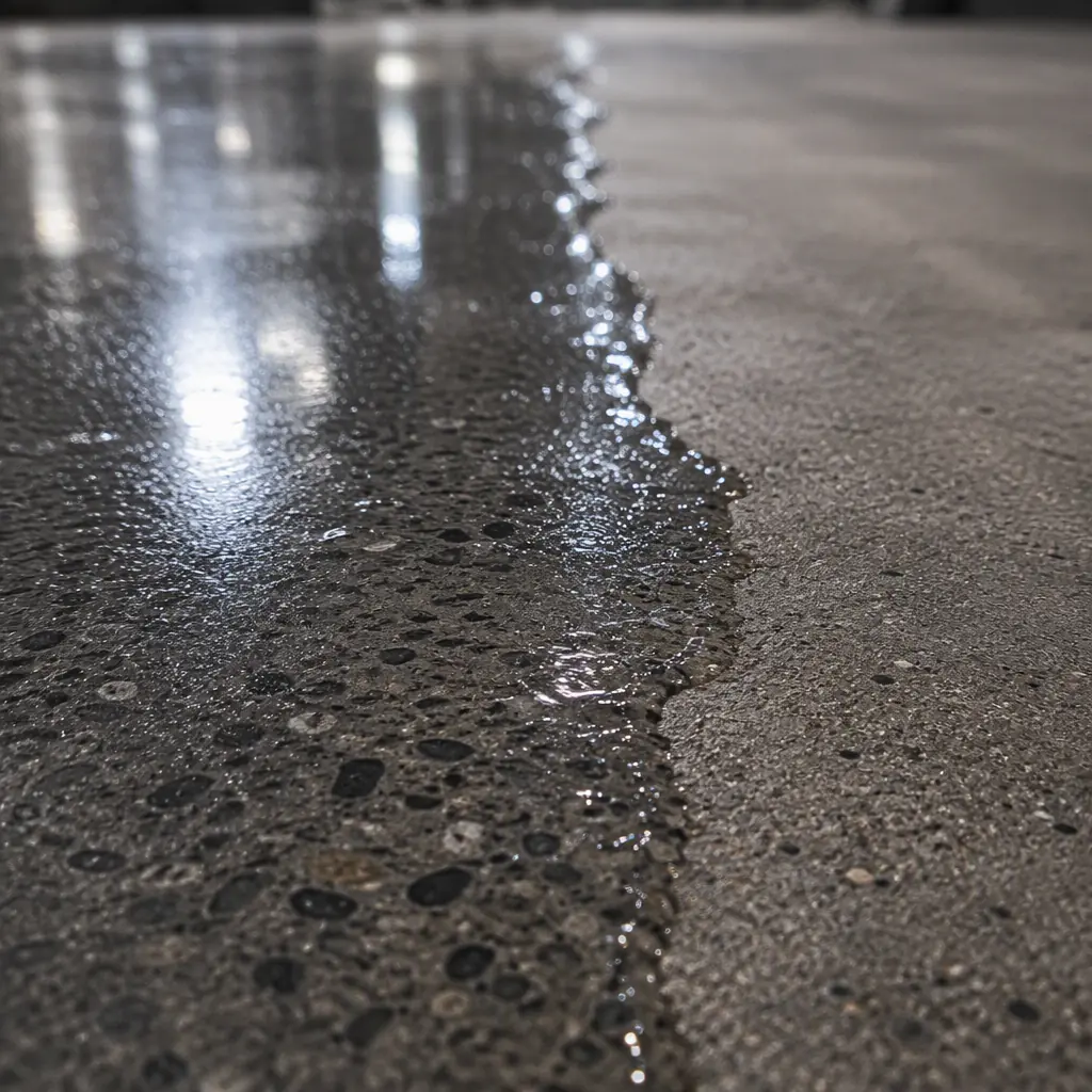 Macro photograph of water sheeting across a dark polished concrete exhibition hall floor immediately behind a cleaning machine's path, showing the clean and wet zones, no people present
