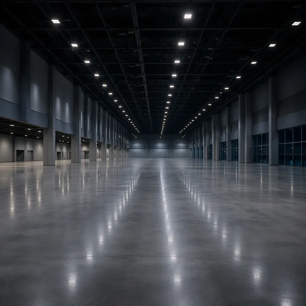 Wide-angle interior of an empty convention center main hall at night with distant ceiling lights receding into depth and a dry unmarked floor, no people, no robots, no text