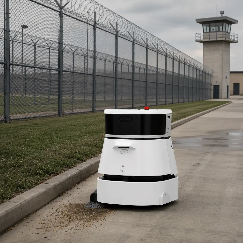 CLEINBOT CC201 outdoor sweeping robot cleaning the paved exercise yard perimeter of a correctional facility, secure fencing and watchtower in the background, overcast daylight