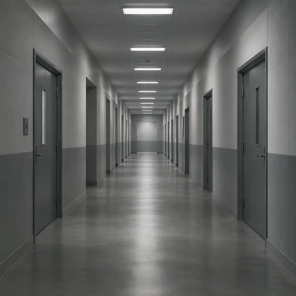 Abstract institutional corridor atmosphere, long straight hallway with hard flooring and security doors receding into distance, cool gray tones, controlled clean mood