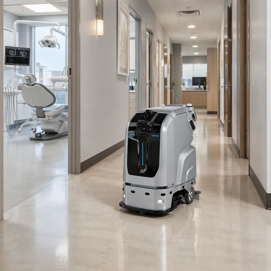 CLEINBOT M79 autonomous floor scrubbing robot cleaning the corridor between dental operatories, treatment chairs and equipment visible through open doorways, bright clinical lighting