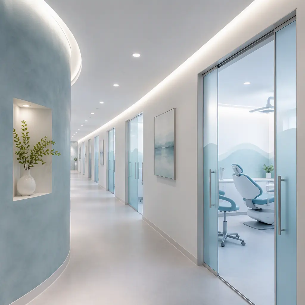 Abstract dental clinic atmosphere, clean modern corridor with soft clinical lighting, operatory doorways with frosted glass receding into distance, cool white and pale blue tones, hygienic calm mood