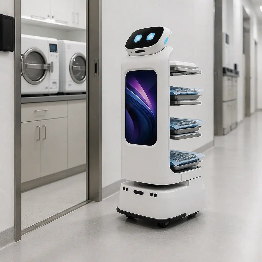 CADEBOT L100 autonomous delivery robot carrying instrument trays through the sterilization-room corridor of a modern dental clinic, autoclave machines visible through the doorway, bright clinical lighting