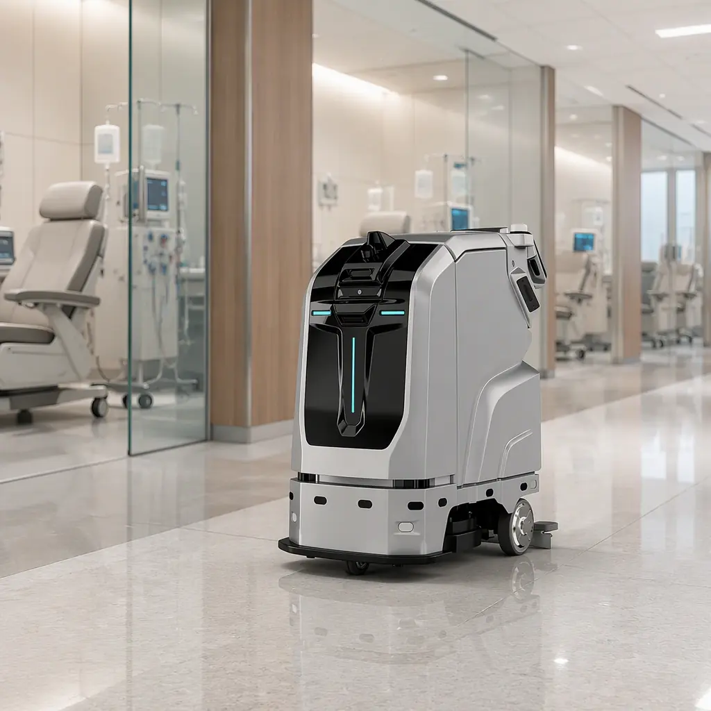 CLEINBOT M79 floor cleaning robot scrubbing the corridor of a modern dialysis clinic, treatment bays with recliner chairs visible through glass partitions, bright clinical lighting