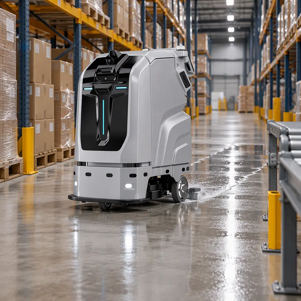 Autonomous floor scrubber working a clean strip on a wide packing hall aisle between pallet racking with conveyor legs visible, no people and no text