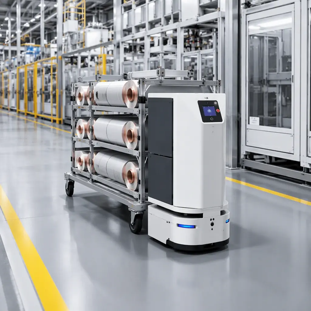 AOMAN DOUBLE delivery robot transporting a loaded tray cart of electrode rolls along a wide clean aisle inside a modern battery gigafactory, tall production lines and yellow safety markings in the background, bright even industrial lighting