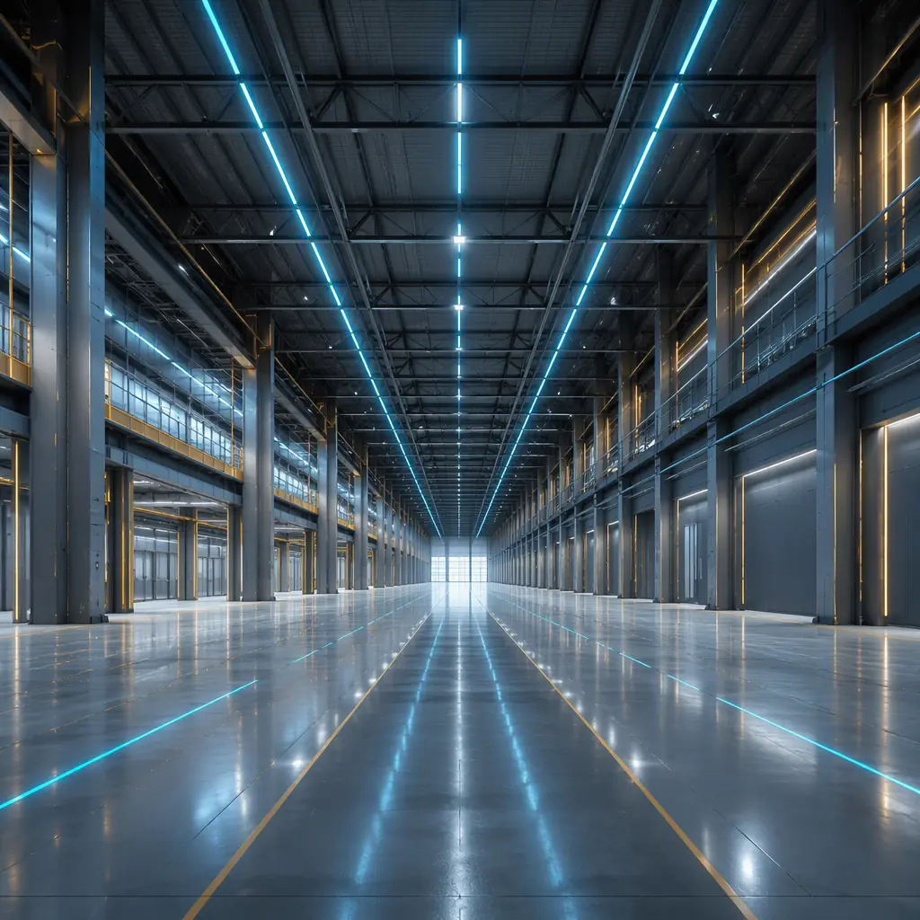 Abstract gigafactory atmosphere, vast clean production hall with long converging perspective lines, cool industrial grays with cyan accent lighting along the ceiling and floor guide lines, subtle gold highlights on equipment edges, polished epoxy floor with soft reflections, precise high-tech mood