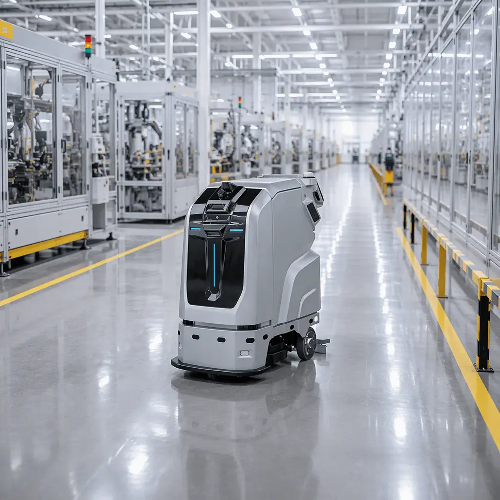 CLEINBOT M79 autonomous floor scrubbing robot scrubbing a wide polished clean aisle between battery production lines, yellow safety floor markings, bright high-bay lighting