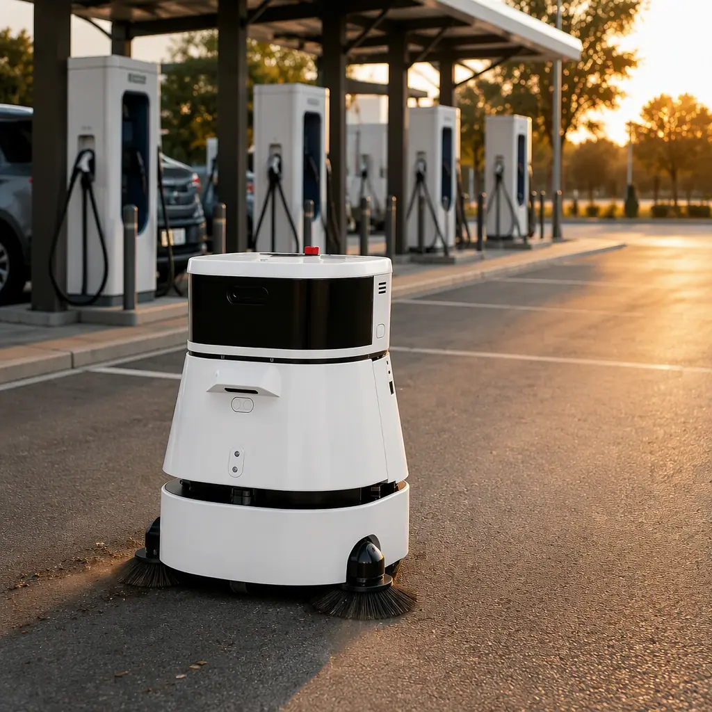 CLEINBOT CC201 outdoor sweeping robot cleaning the parking lot of an EV charging plaza, charging stalls with cables in the background, late afternoon light