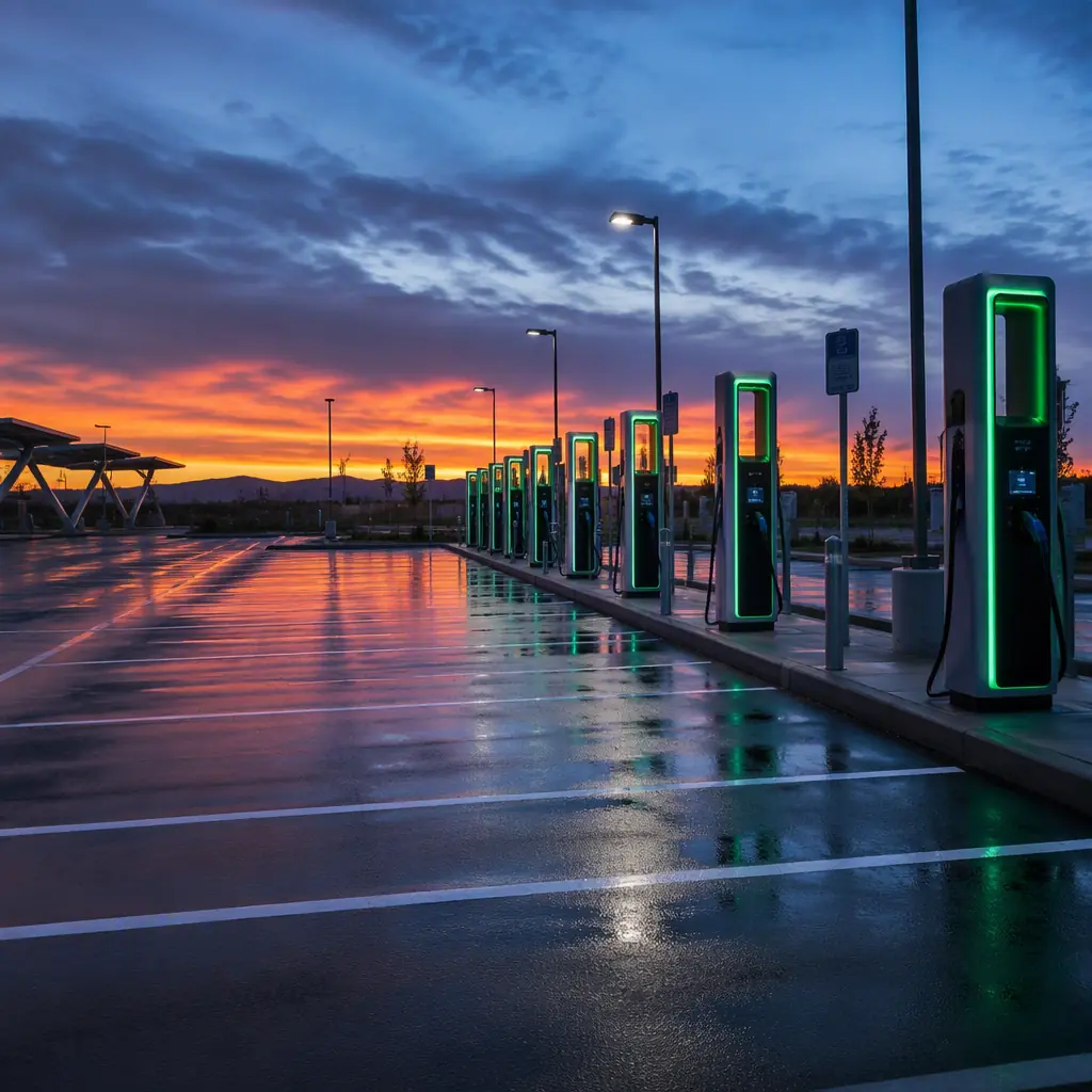 Abstract EV charging plaza at dusk, charging stalls with glowing connector lights, wet asphalt with soft reflections, dramatic sky, no robots, no vehicles