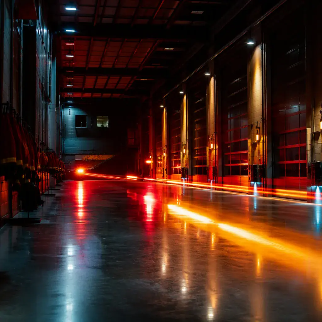 Abstract public safety atmosphere, dramatic red and warm amber light reflections on polished dark concrete, long luminous light trails suggesting a wide vehicle bay, subtle cyan accents, cinematic depth