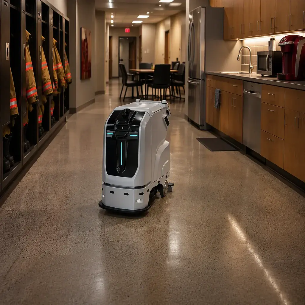 CLEINBOT M79 autonomous floor scrubbing robot cleaning the dayroom corridor of a fire station living quarters, lockers and a kitchenette visible, warm indoor lighting, early morning quiet atmosphere