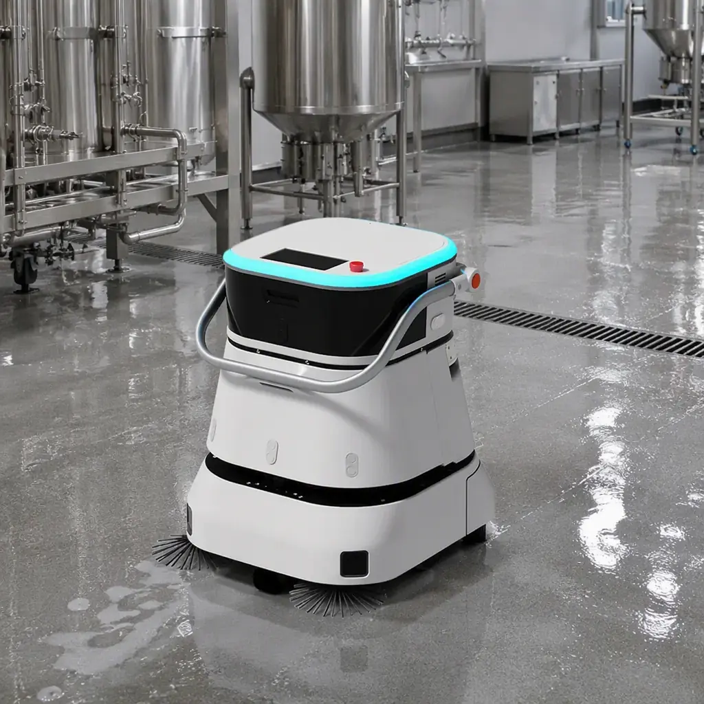 AOMAN C2 Pro compact scrubber cleaning the wet production floor of a food and beverage manufacturing plant