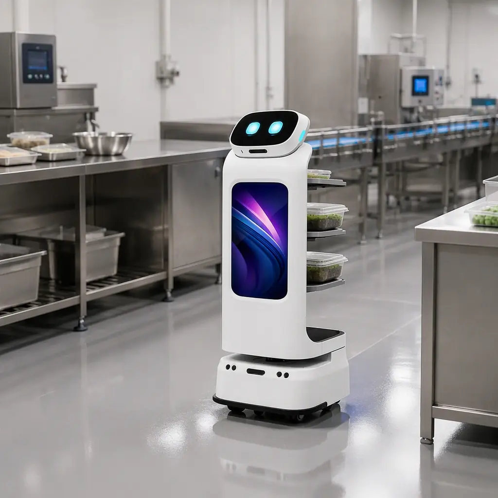 AOMAN D1 delivery robot transporting ingredient trays along a food production line