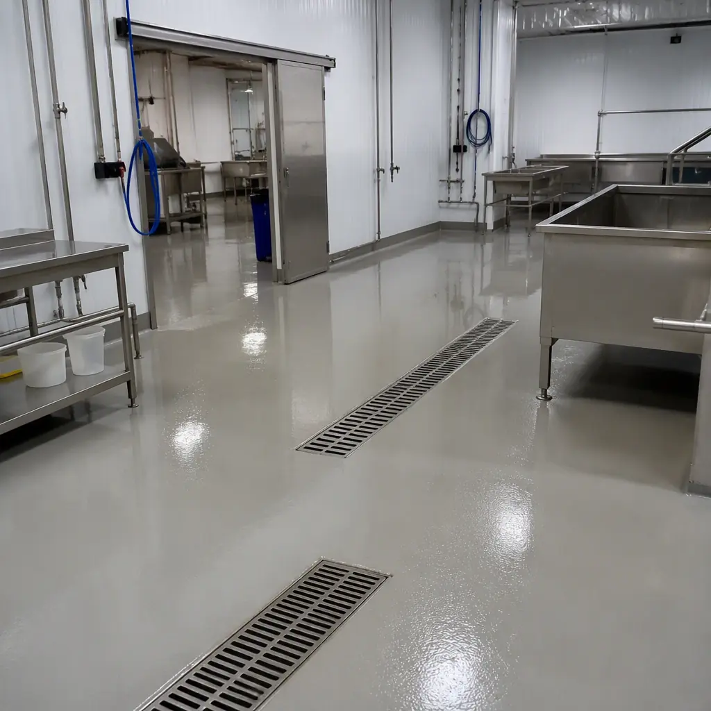 Wet food-grade production floor with sealed resin and floor drains ready for autonomous sanitation