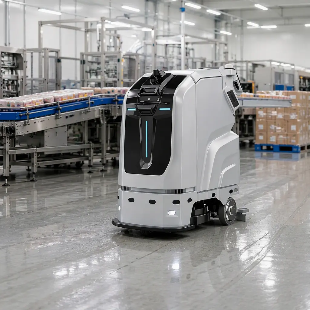 AOMAN C1 large-format scrubber cleaning the packaging and chill store area of a food plant