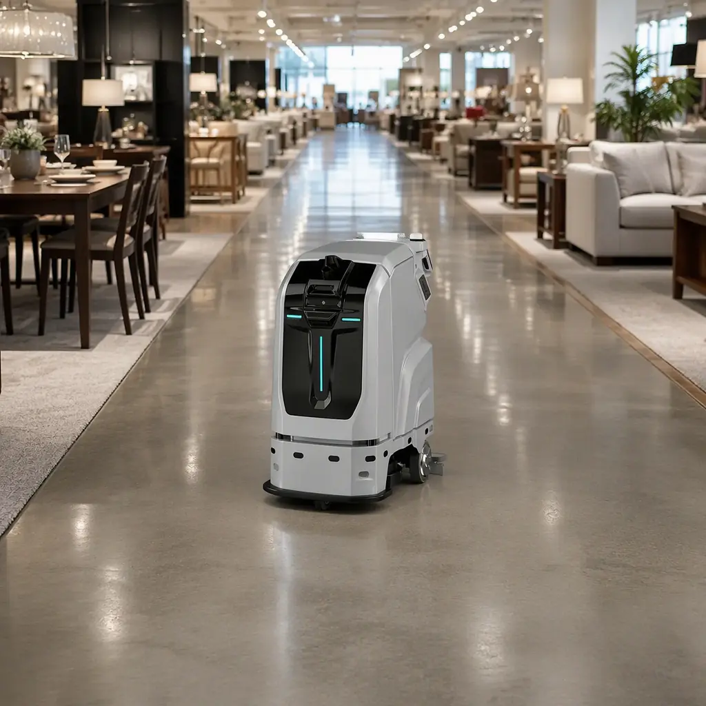 CLEINBOT M79 floor scrubbing robot cleaning the polished concrete aisle of a modern furniture showroom, dining tables and sofas on display on both sides, bright retail lighting