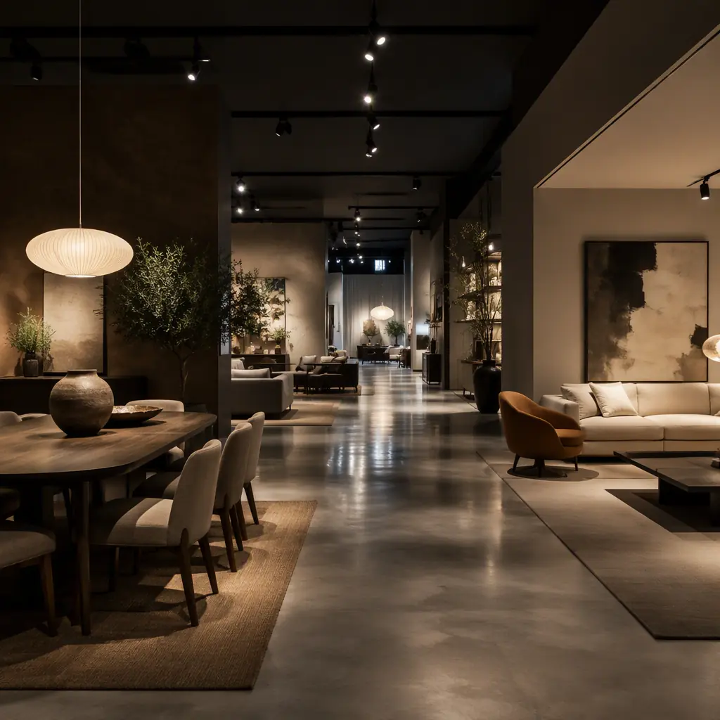 Abstract modern furniture showroom interior with minimalist dining and sofa displays, polished concrete floor with soft reflections, warm accent lighting along the walls, wide aisle perspective, no robots, no people