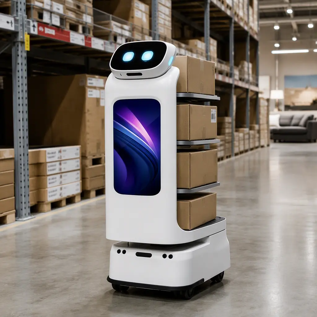 CADEBOT L100 delivery robot moving stacked boxes through the stockroom aisle of a furniture showroom, shelving racks with boxed goods on both sides, cool warehouse lighting