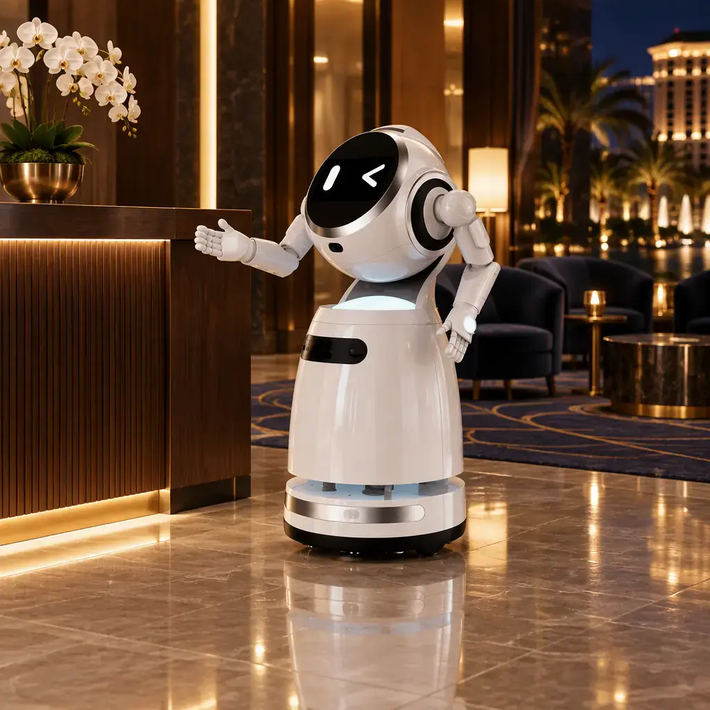 AOMAN G1 humanoid reception robot greeting arriving guests at the VIP arrival lounge of a luxury casino resort hotel at night, dark walnut reception counter, navy and gold carpet, warm brass lighting and velvet armchairs