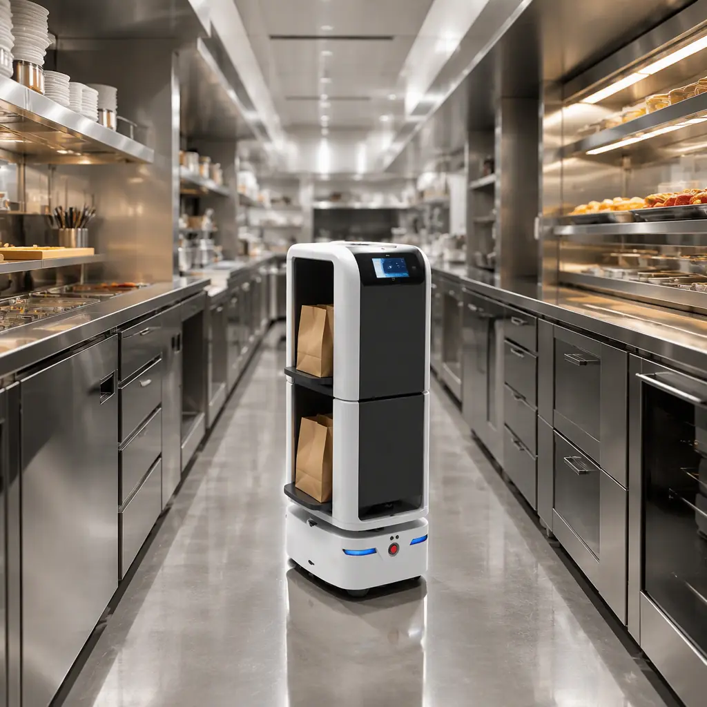 AOMAN DOUBLE delivery robot carrying two stacked order batches through the stainless steel corridor of a ghost kitchen, prep stations and warmers on both sides, bright food-service lighting