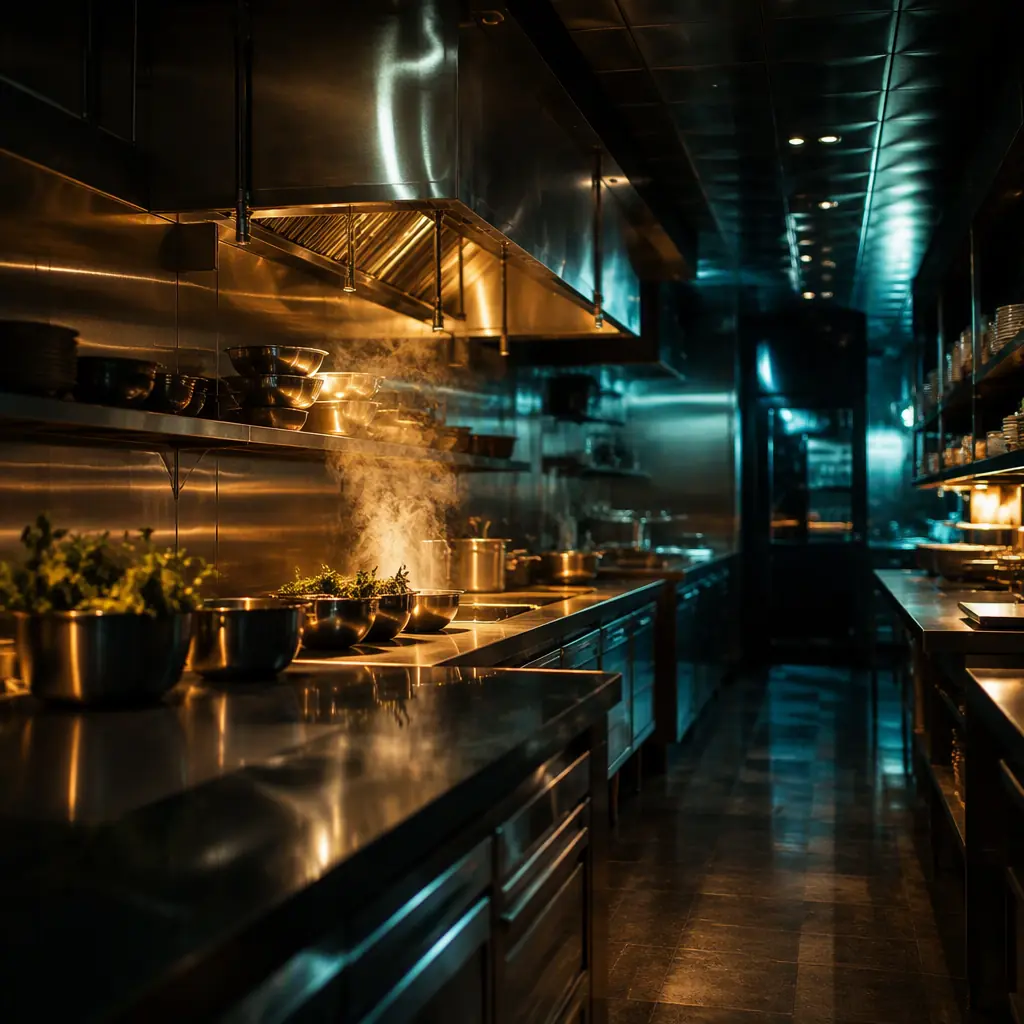 Abstract commercial kitchen atmosphere, brushed stainless steel surfaces with soft reflections, warm steam and golden accent light rising over dark prep counters, deep corridor perspective with cool cyan highlights, clean food-service mood