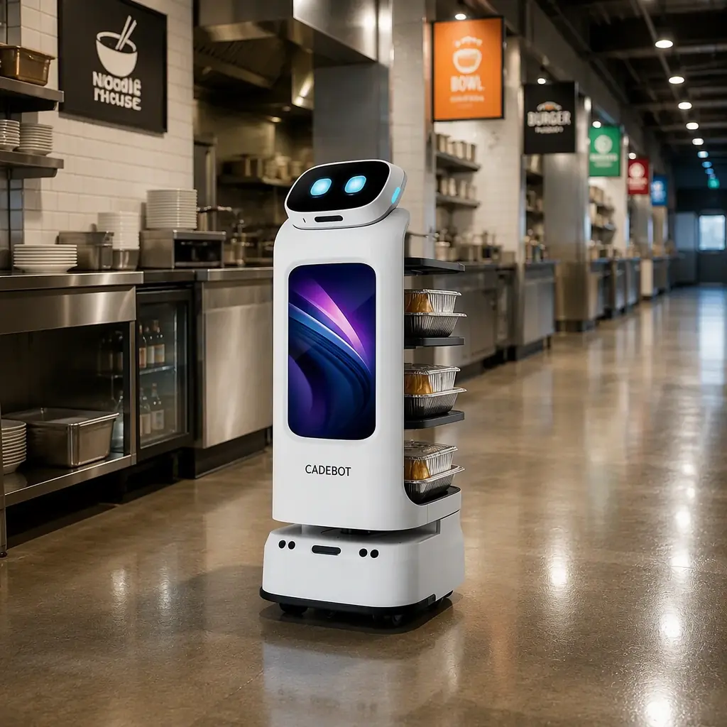 CADEBOT L100 delivery robot carrying four stacked order trays through the shared corridor of a ghost kitchen, brand station signage and stainless prep counters in the background, bright food-service lighting
