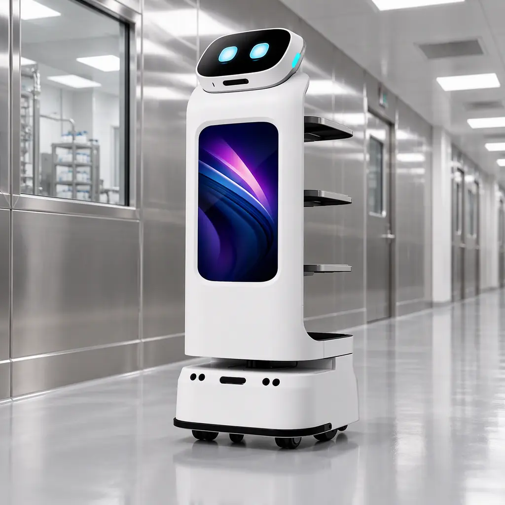 Stainless steel framed autonomous delivery robot in a clean pharmaceutical corridor, sealed surfaces and no people