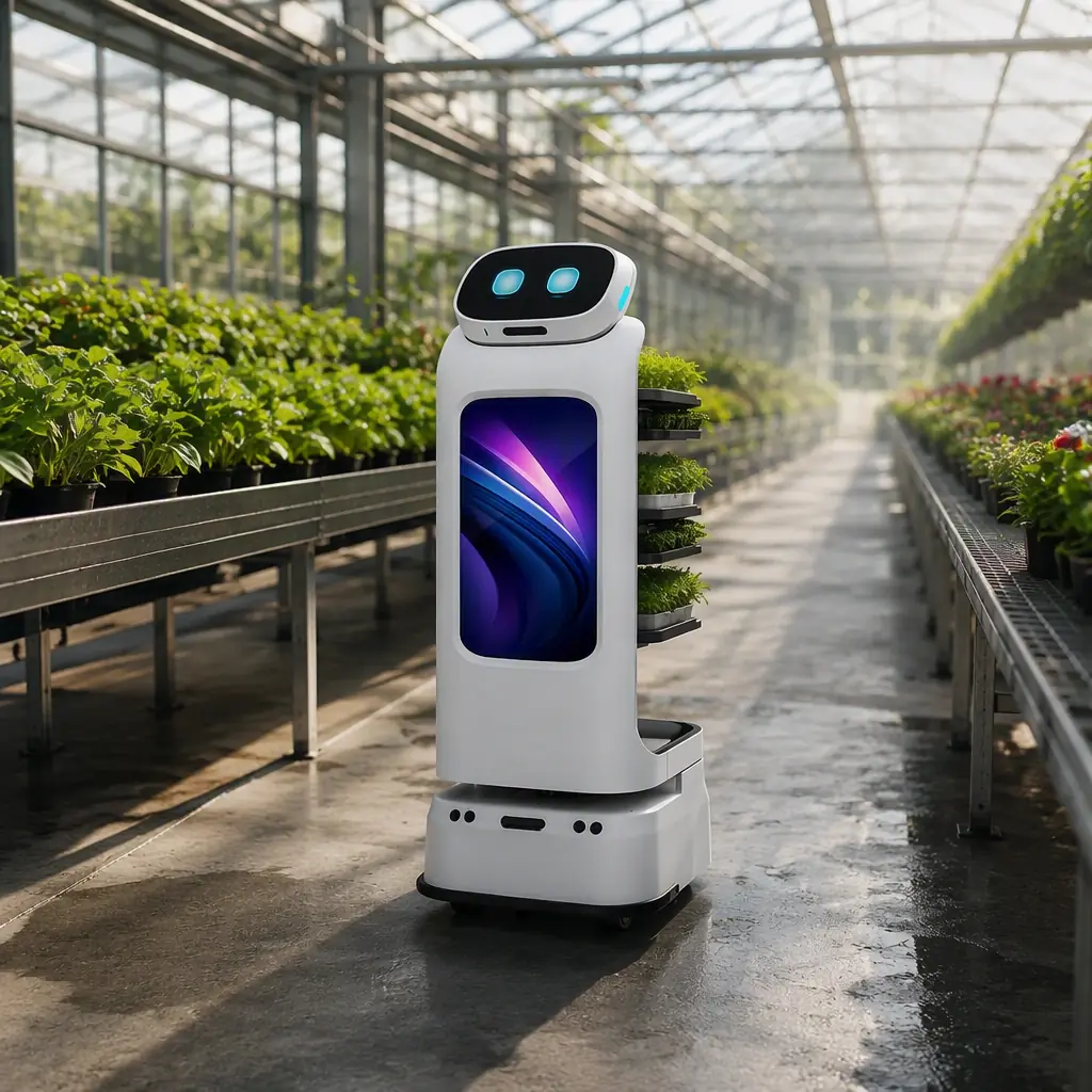AOMAN D1 delivery robot moving plant trays along a greenhouse aisle