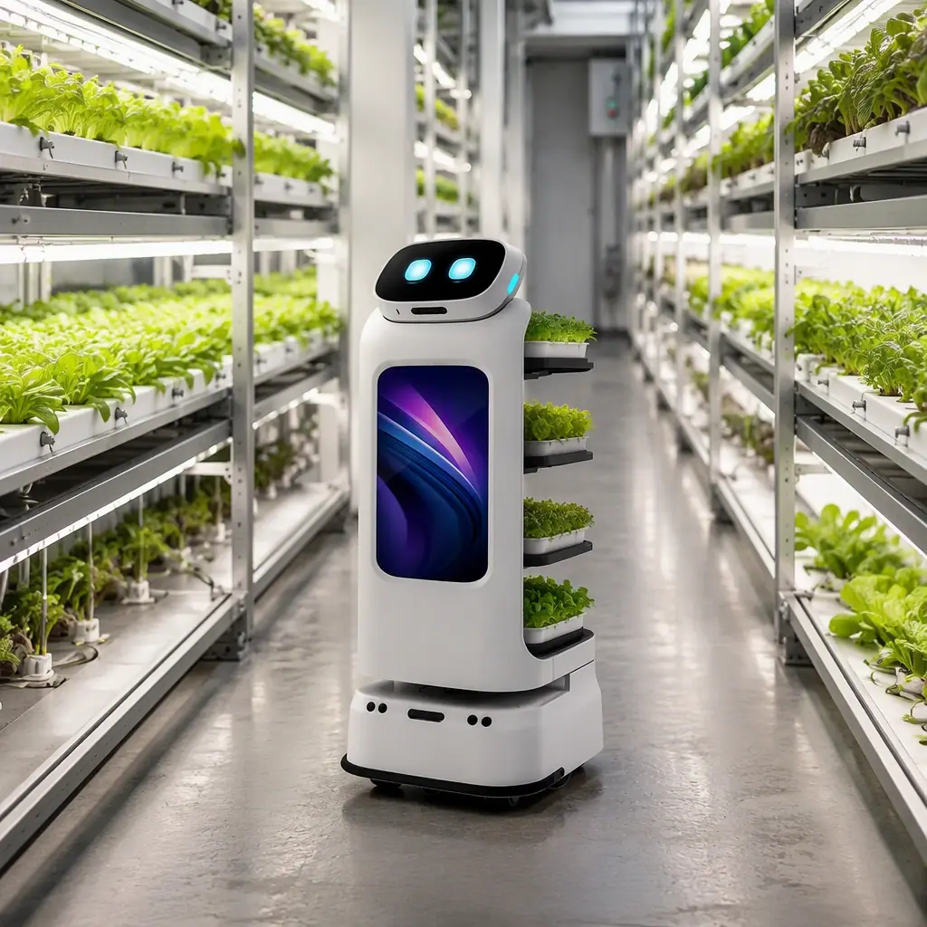 AOMAN D1 delivery robot transporting plant trays through a vertical farm