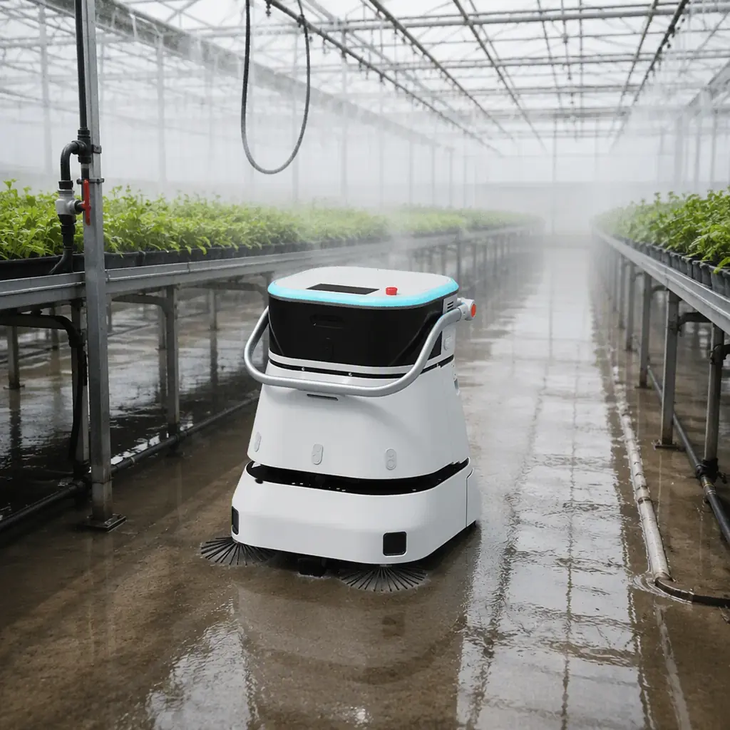 AOMAN C2 Pro compact scrubber cleaning a wet glasshouse walkway between growing benches