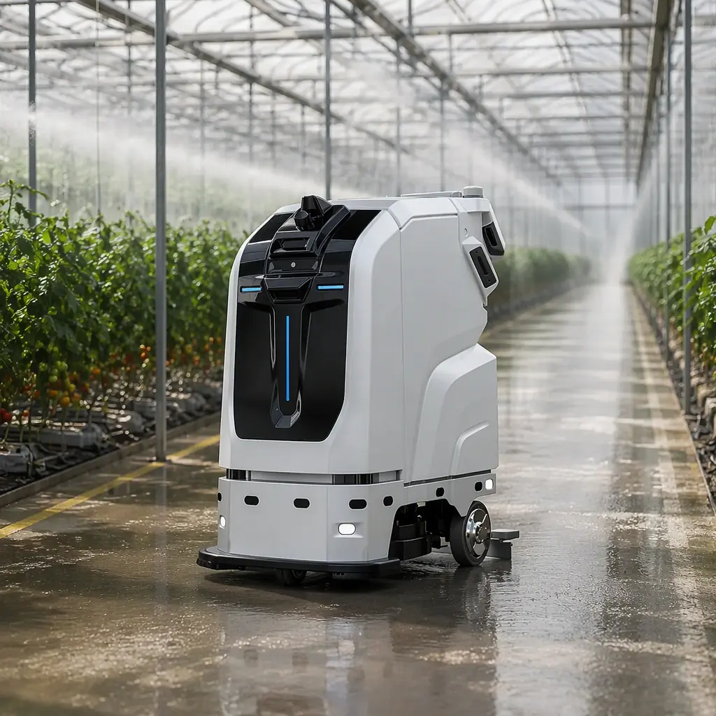 AOMAN C1 scrubber on a wide greenhouse headwalk under mist and irrigation