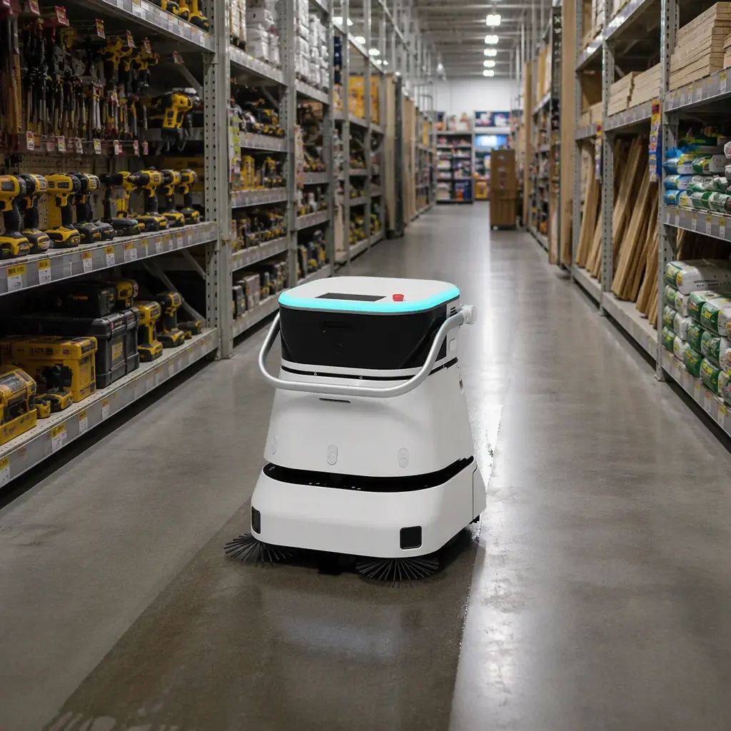 CLEINBOT C2 Pro autonomous floor cleaning robot scrubbing the main aisle of a large home improvement store, tall retail shelving stocked with tools and hardware on both sides, bright even store lighting