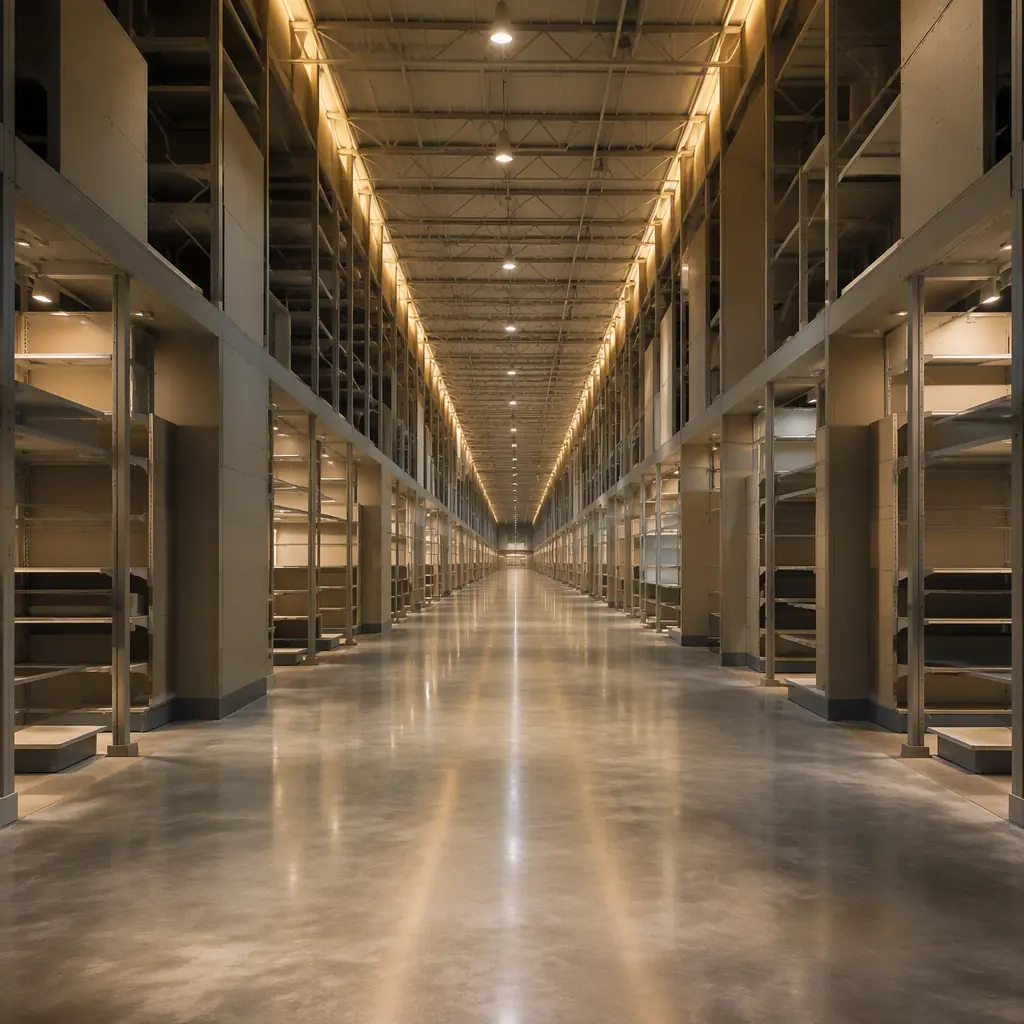 Abstract big-box retail atmosphere, vast aisle perspective with tall industrial shelving receding into deep distance, polished concrete floor with soft reflections, cool gray tones with warm gold accent lighting along the ceiling, quiet pre-opening mood