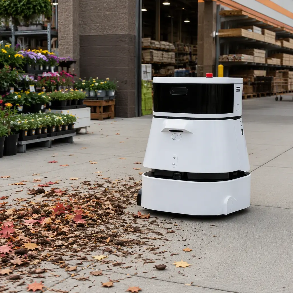 CLEINBOT CC201 outdoor sweeping robot clearing leaves and debris from the garden center entrance of a home improvement store, plant displays and lumber yard in the background, daylight