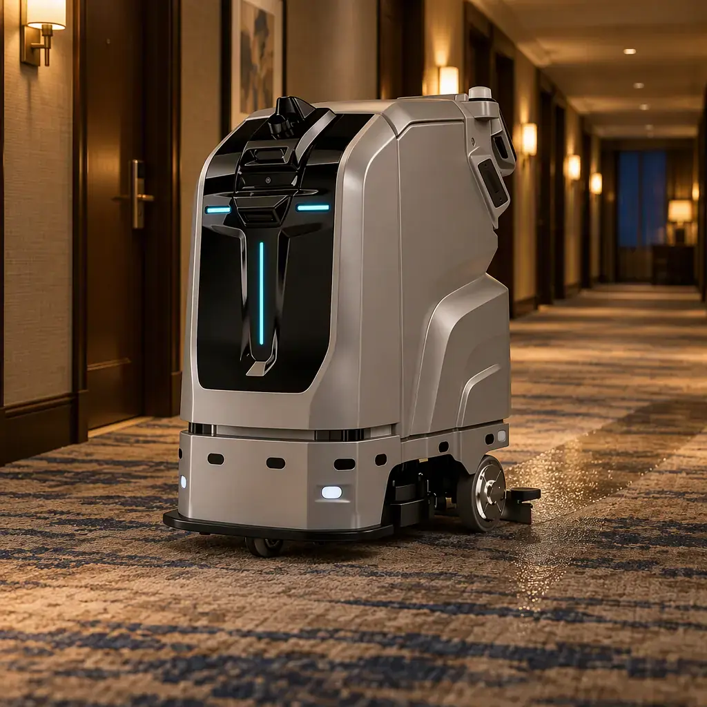 AOMAN C1 scrubber working a carpeted hotel corridor beside guest room doors