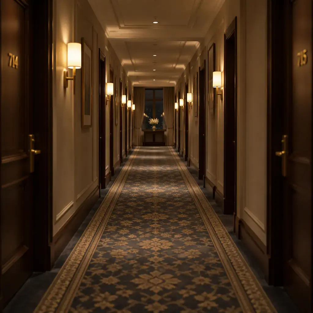 Empty hotel guest-floor corridor with doors, carpet runner and wall sconces