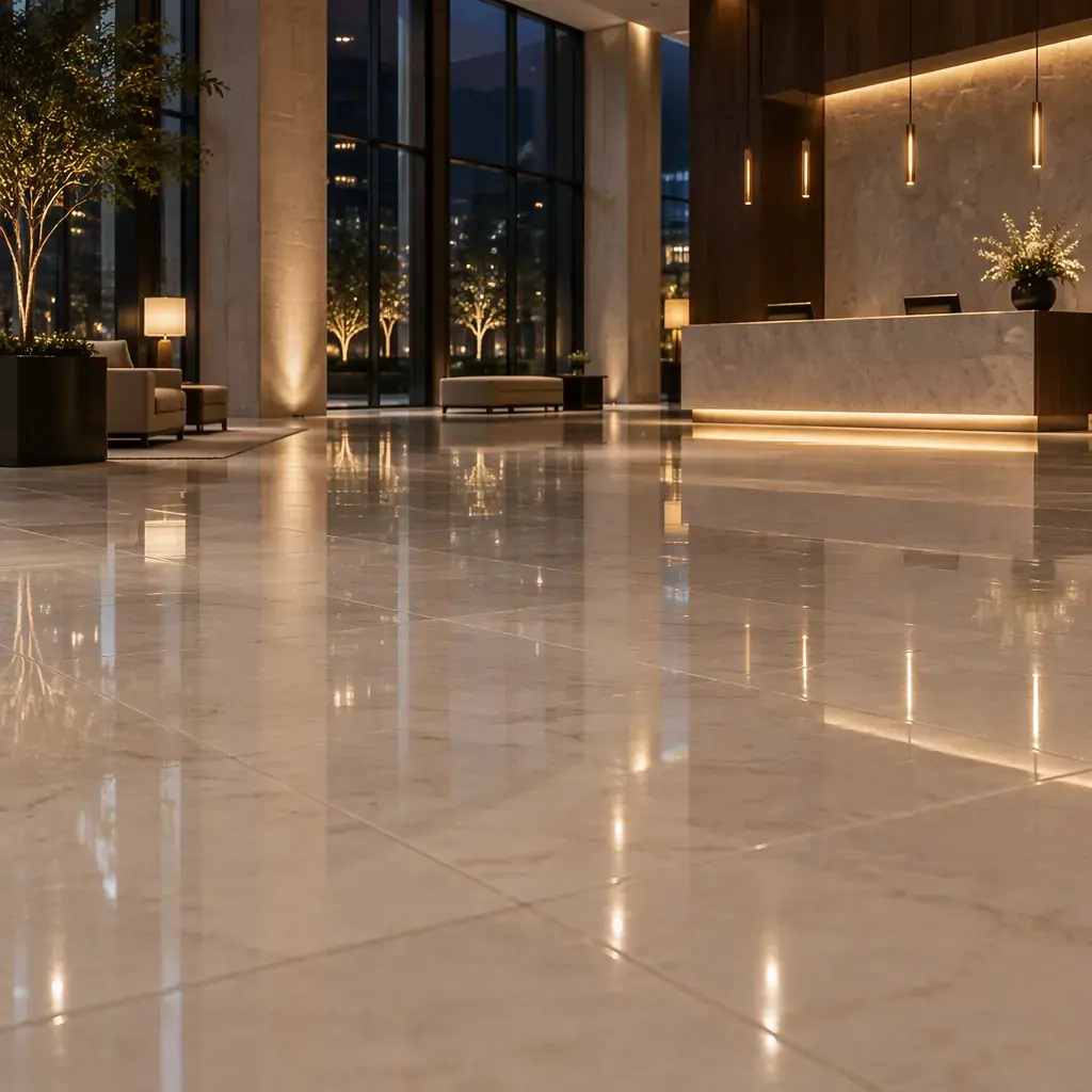 Hotel lobby hard floor at night with polished stone and empty reception desk