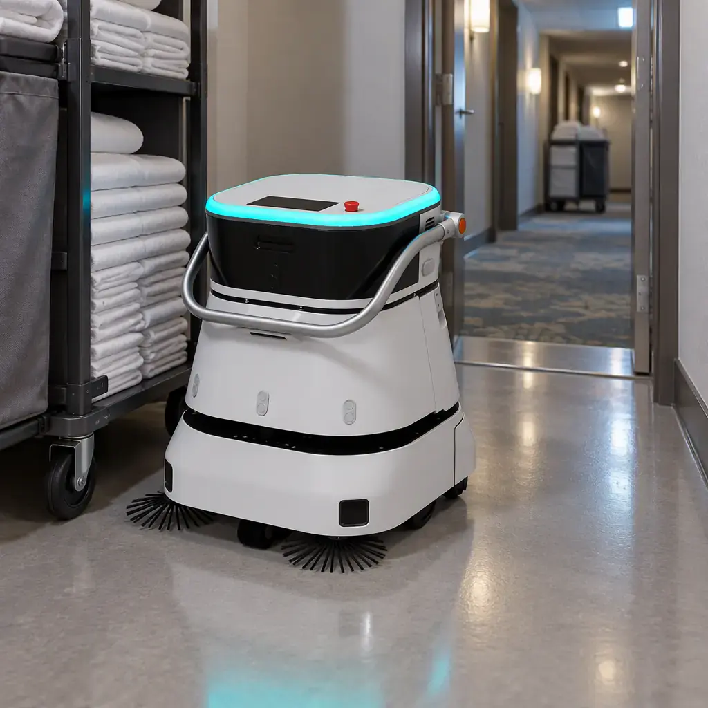 Compact cleaning robot passing a hotel service corridor doorway beside stacked linen carts